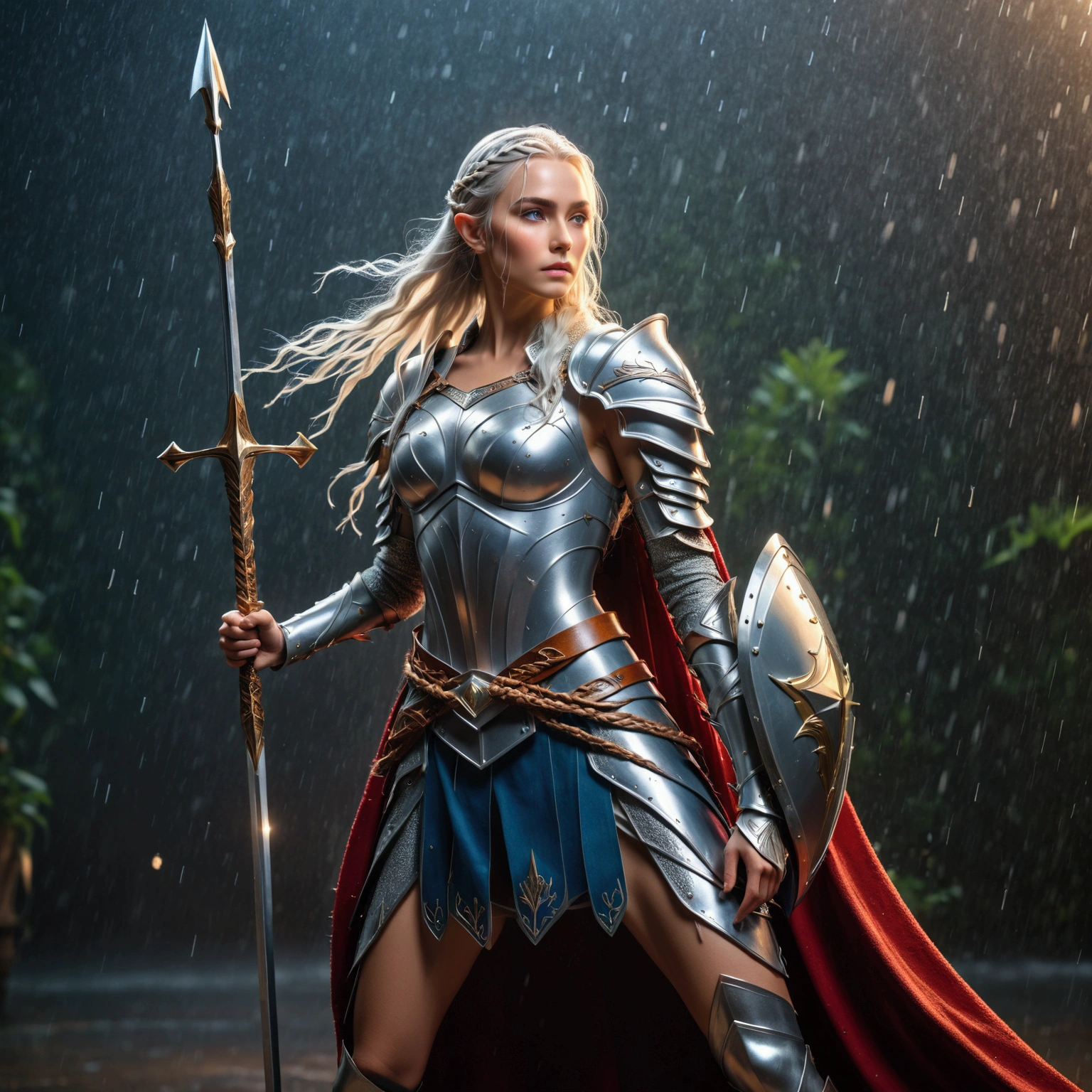 image of a {1elven stunning pose, WARRIOR, standing elegant still, photo_model pose, holding sword, bright shining(ARMOR AND SHIELD) royal regalia robe, perfect proportional anatomy, girl with high heels, silver long hair, multi braid hair, bright shining armor, rain of arrows, battlefight, UHD, intricate detailed, 8k, best quality ever, masterpiece, super detailed, unleashed creativity, beyond imagination, dramatic light, gradient motion color background}, rough, massive bright shining  light all over the background, arrows rain, weathered and textured, slow shutter speed motion photography, shot on Fuji Film XT4 camera f/1.5. ISO 200