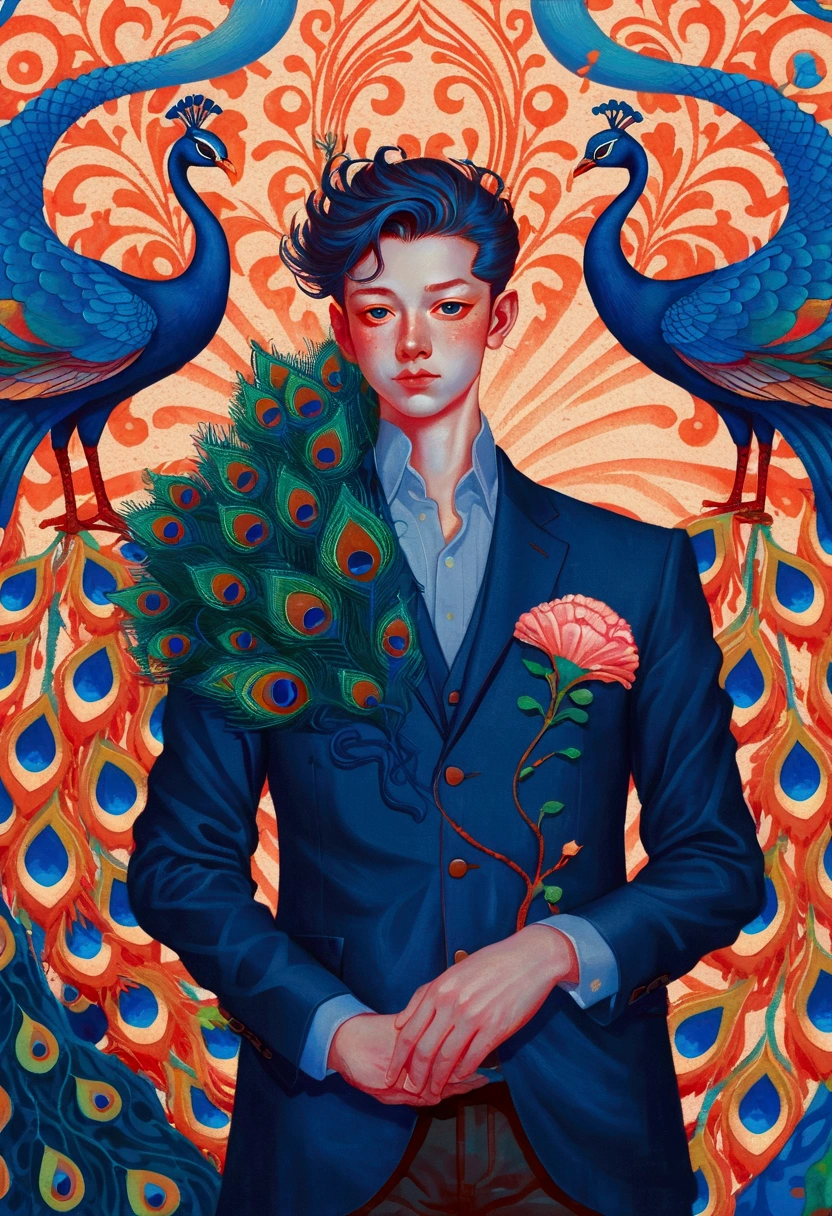 A painting by Alafid,There is a man in the painting,With a peacock's tail and eyes, James Jean style, James Jean andrei riabovitchev, James Jean and wlop, James Jean soft light 4k, James Jean soft light 4 k, James Jean marc, style of James Jean, James Jean art, James Jean artwork, James Jean ”, James Jean!