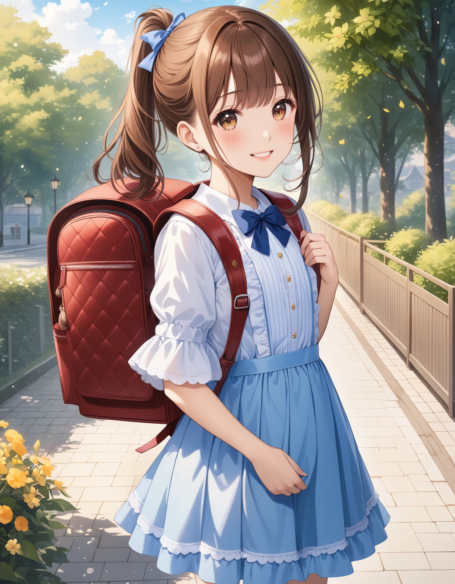 Masterpiece, hd, 1girl, brown hair, ponytail, hair ribbon, wearing cute dress, frilled dress,  dress, bowtie, standing, outdoor, smile, wearing randoseru backpack,(backpack:1.2)