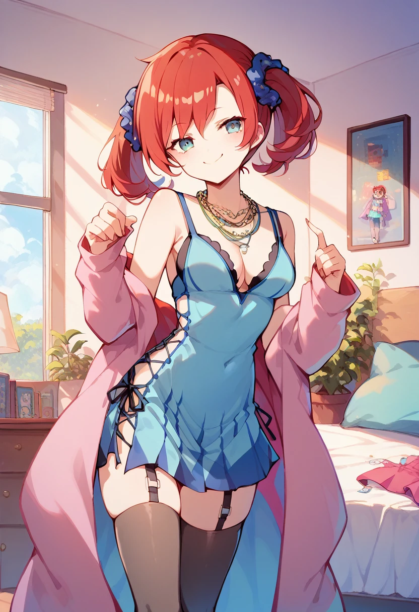 {{{{masterpiece}}}}, nsfw, standing, scrunchie, necklace, teal dress, cleavage, pink jacket, short dress, garter straps, black thighhighs, digiNokia, red hair, twintails, Bedroom, smug
