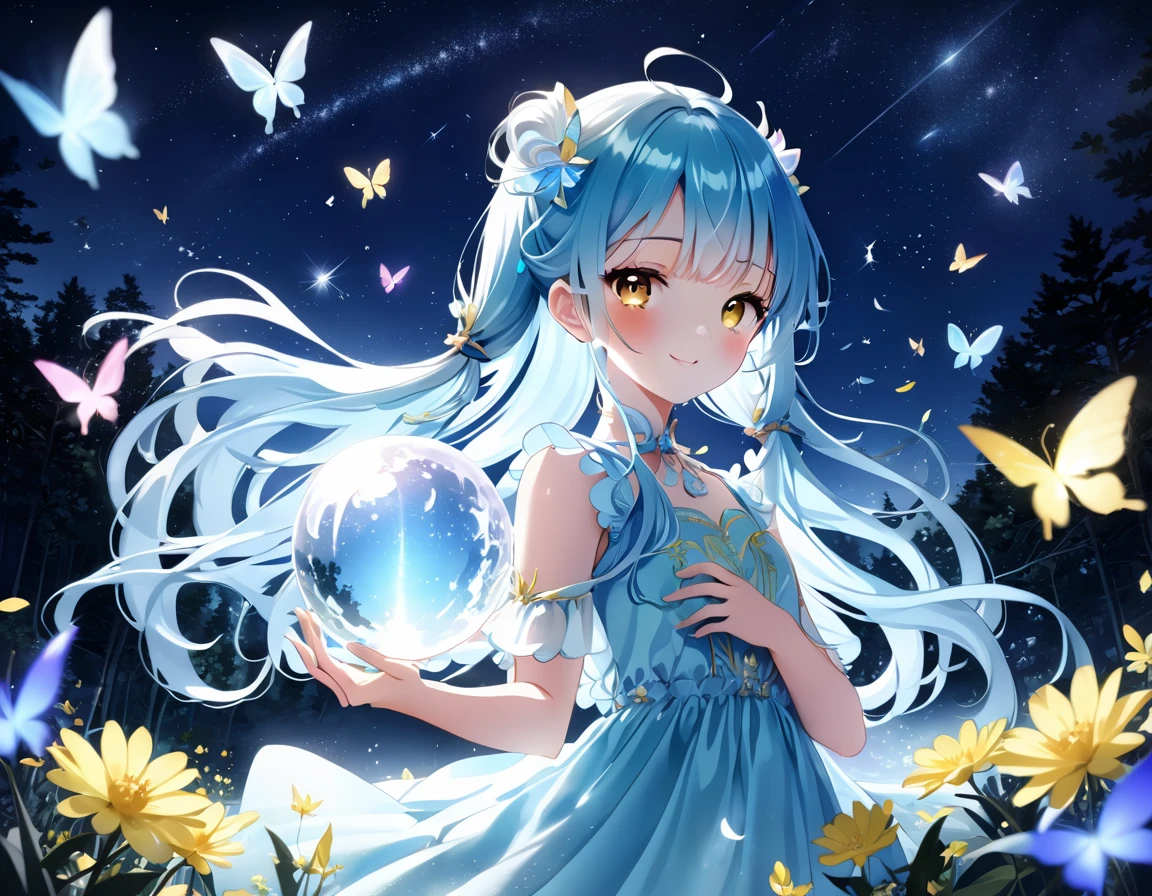Light blue long hair、Beautiful girl with twin tails、smile、Mysterious forest with the moon shining、A forest shining in the moonlight and beautiful flowers all over the ground々、Crystal Sparkle、A beautiful girl holding a large transparent crystal ball、Many petals and many shiny butterflies fluttering about、Night Sky、shooting star、Mysterious Landscape、Beautiful girl in yellow dress、A shining aura surrounds the beautiful girl