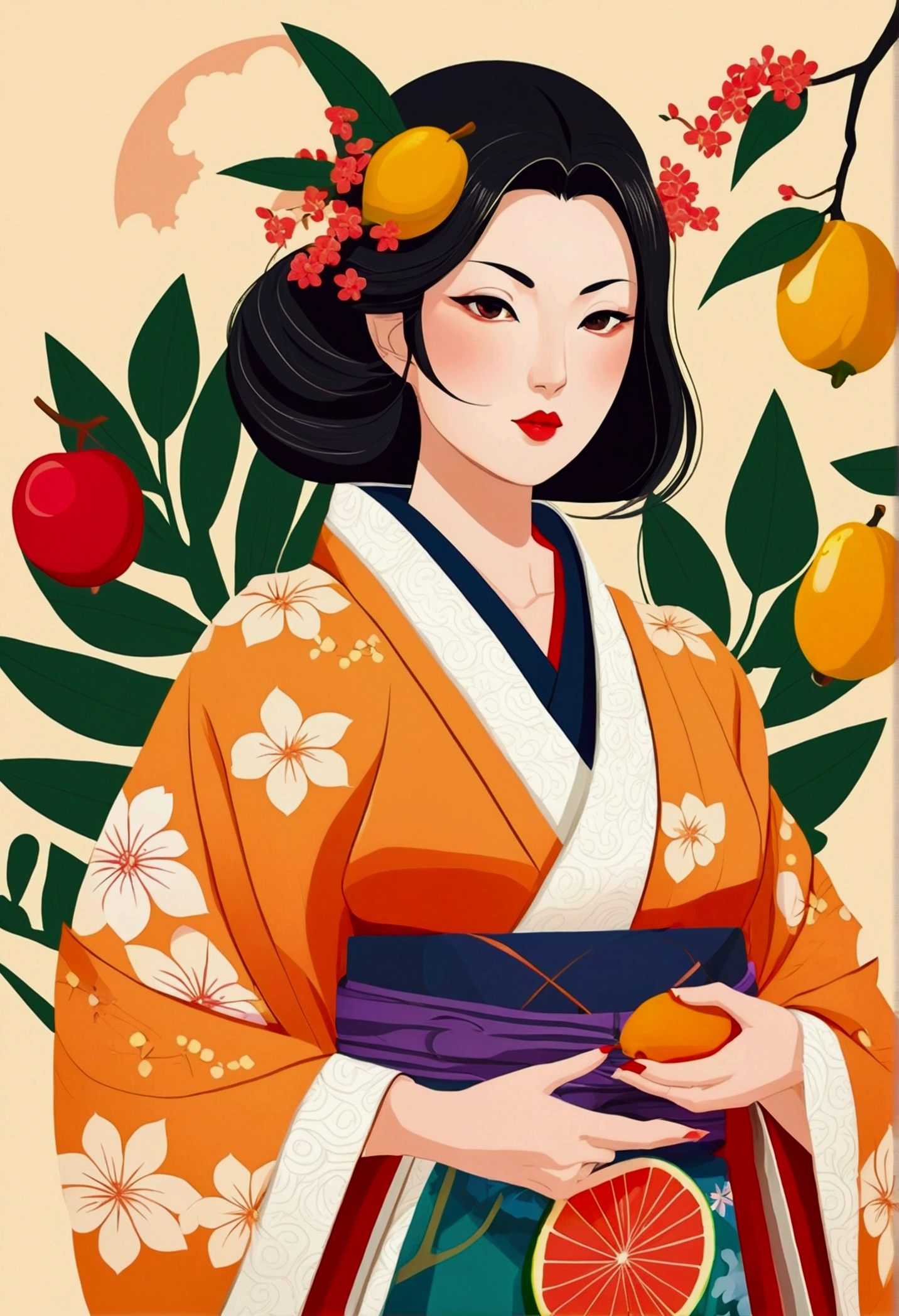 Japanese women in kimono, cartoons, witch flat style, with fruit mango elements