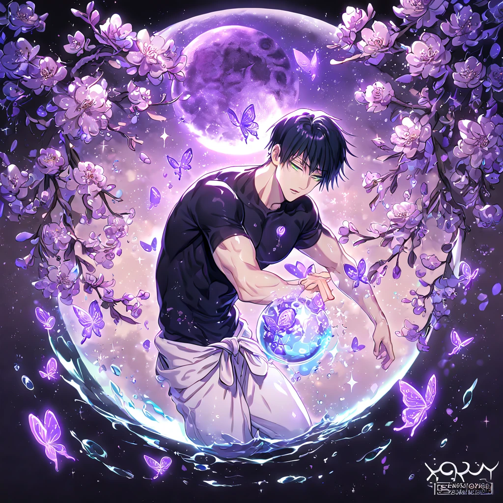 absurdres, highres, ultra detailed, HDR, master piece, best quality, Fushiguro Touji, straight black hair, expressive green eyes, Jujutsu Kaisen, solo, sexy man, handsome, sensual, horny, black tight T-shirt, white baggy pants, water, fantasy, magical, shining, purple flowers, blossoms, purple petals, purple butterflies, sparkling, purple moon, starry sky, manly man