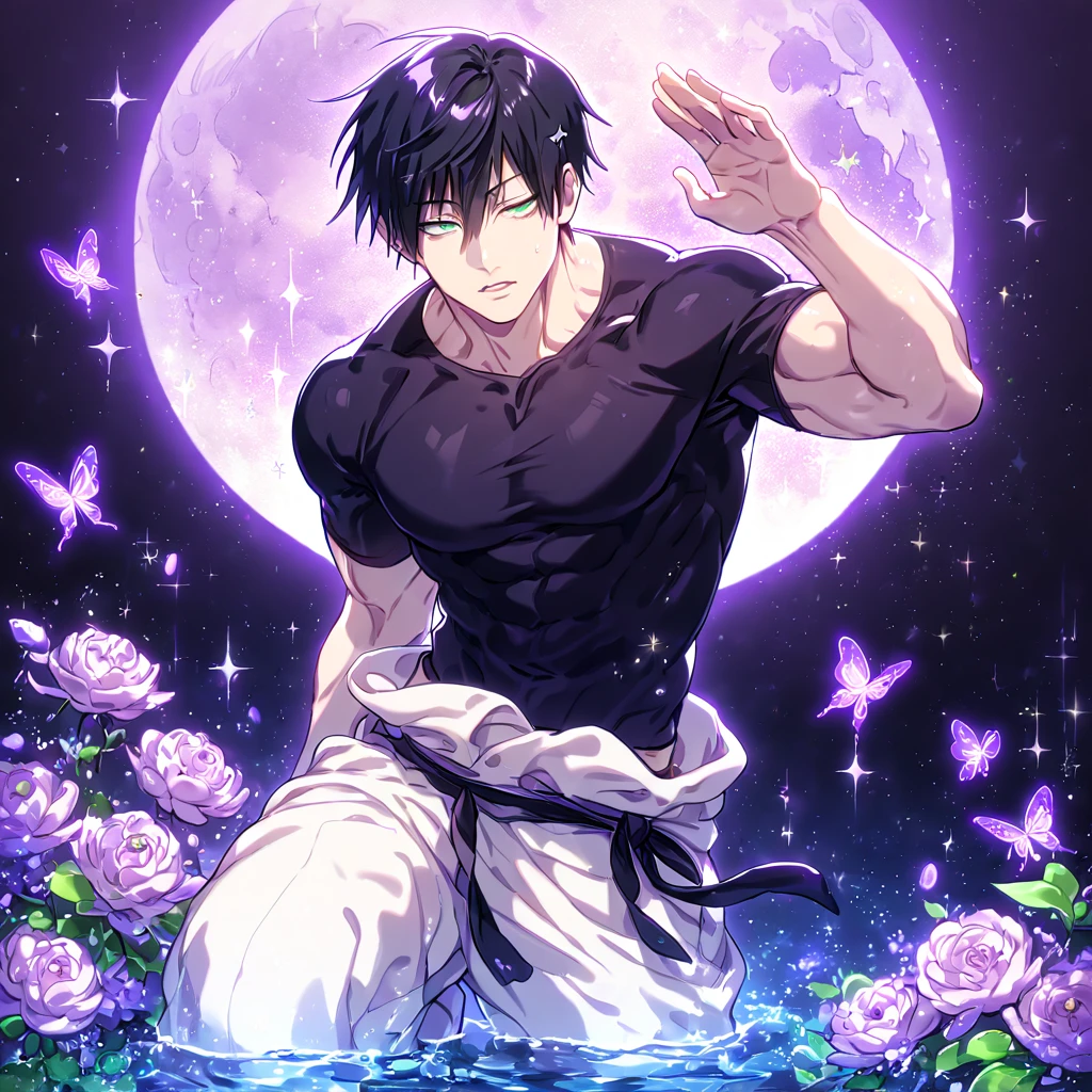 absurdres, highres, ultra detailed, HDR, master piece, best quality, Fushiguro Touji, straight black hair, expressive green eyes, Jujutsu Kaisen, solo, sexy man, handsome, sensual, horny, black tight T-shirt, white baggy pants, water, fantasy, magical, shining, purple flowers, blossoms, purple petals, purple butterflies, sparkling, purple moon, starry sky, manly man