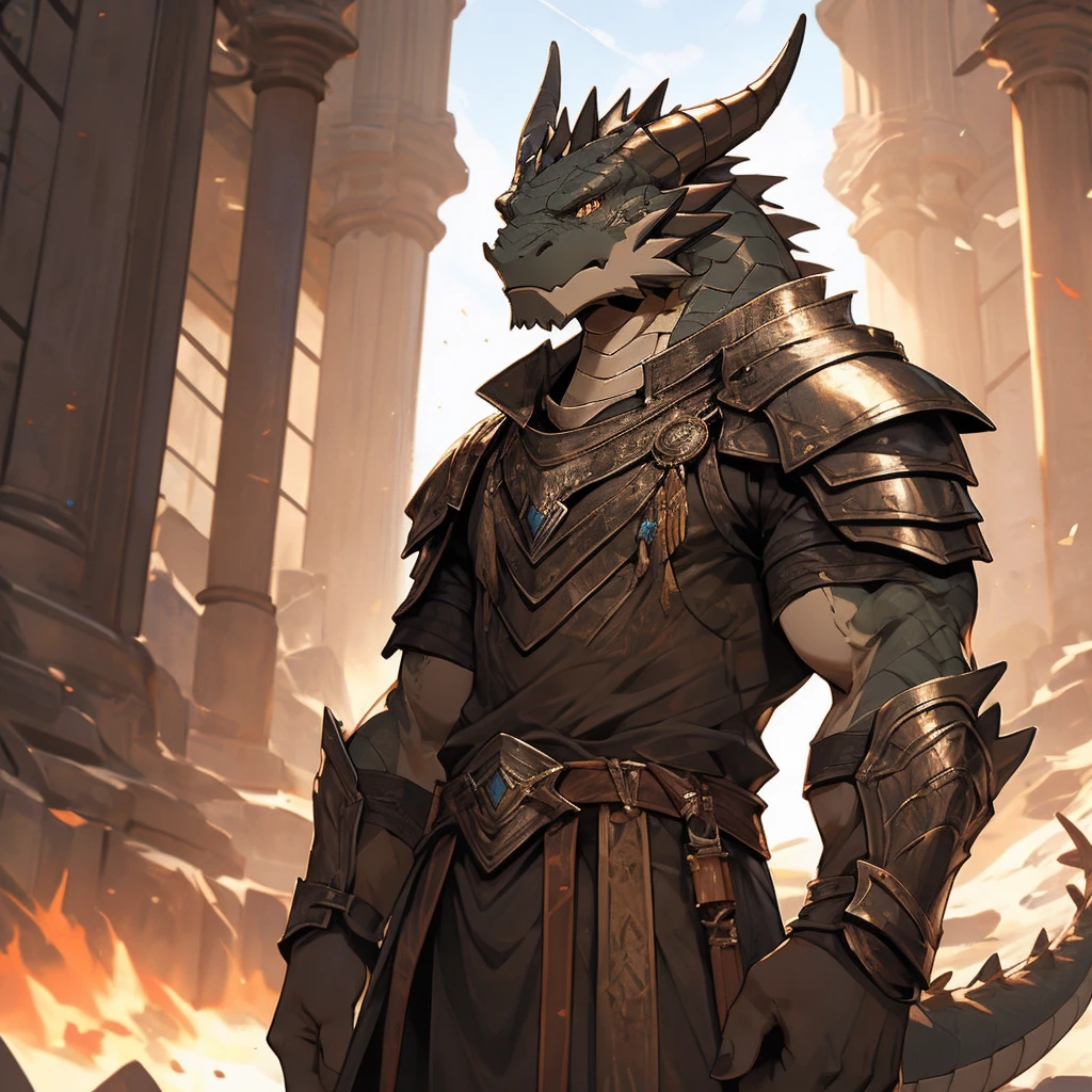 1 male, Dragonborn, Wasteland wind,fierce,Black Scale Armor, Scratches on left eye, Brown eyes, Rich facial details,Expressive eyebrows, muscular, Intricate and detailed clothing, Realistic rendering, Strong light creates shadows, Popular on artstation, A masterpiece of digital art, best quality, Lens flare effect,,Extremely rich background details, author:ArtisanDragon, Through the Embers of Fire, author:PaintedDragon.
The Dragonborn in this depiction is a powerful figure, Standing proudly with a breath of power and mystery, Add to