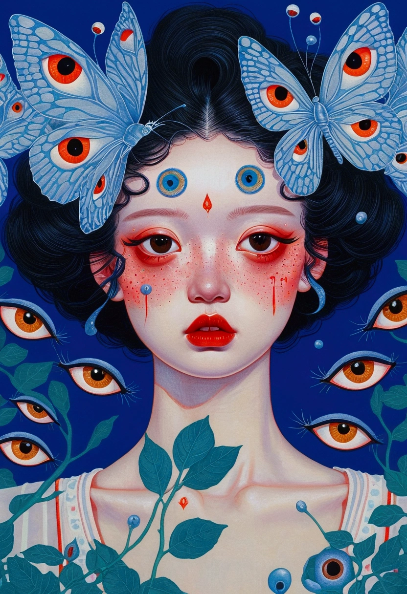 There is a painting,There is a blue eye in the painting,There are many eyes on it, Psychedelic illustration, author:Justin Gerard, Juster Battle, beeple 和 james jean, Psychedelic surrealist art, Beeple 和 Jeremiah Ketner, Pop Surrealism艺术风格, Android Jones's Works, Greg Beeple, retro Psychedelic illustration, Psychedelic cosmic horror, The Third Eye, Pop Surrealism