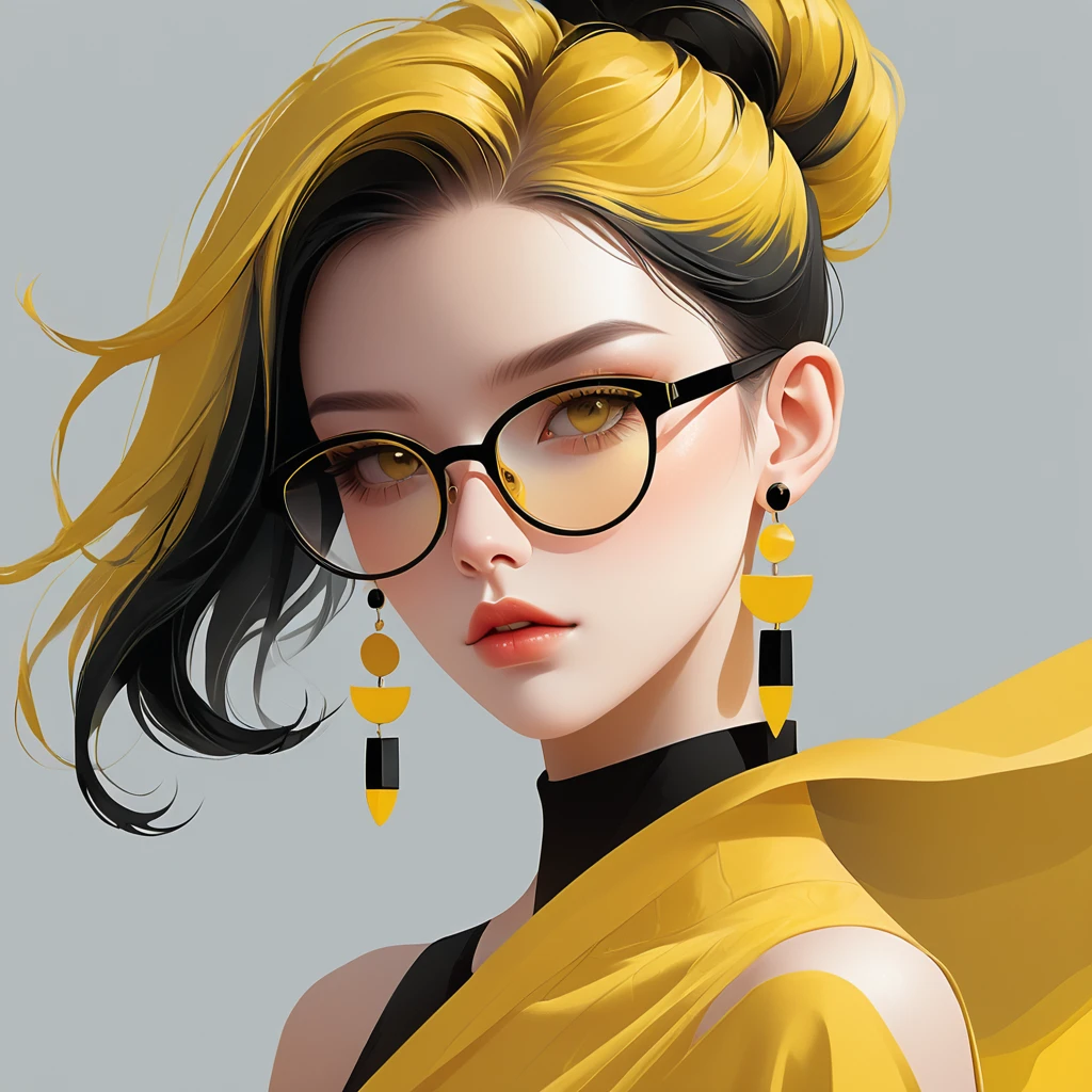 Vector,flat style,illustration,digital art illustration,1 girl,unique,beautiful face,wear earrings,portrait,Shoulder,artistic conception,abstract,Her hair is long with yellow and black highlights,wear glasses,black and yellow hair, undercut hairstyle