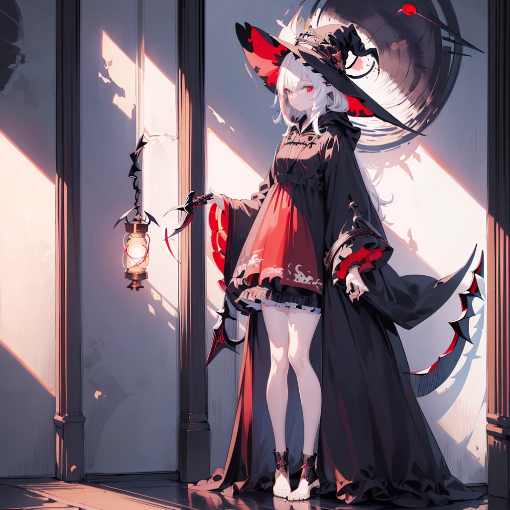 score_9, score_8_superior, score_7_superior, sauce_anime, masterpiece, Highest quality, High resolution, Highly detailed CG, Absurd, In the dark night, Midnight, indoor, in a dark and mysterious mansion, One girl, alone, ((Expressionless)), A Magus girl with white hair With a lantern and carry a magical Sickle, Witch Hat, Frilled short skirt, red and black outfit, Sickle, テーブルのsuperiorの頭蓋骨, Decorate the walls with bones, black_theme, Candela, ((mysterious)), ((Occultism)), (black_magic),For more information, click here XL,(((Perfect hands))), ((With a lantern)),((indoor))