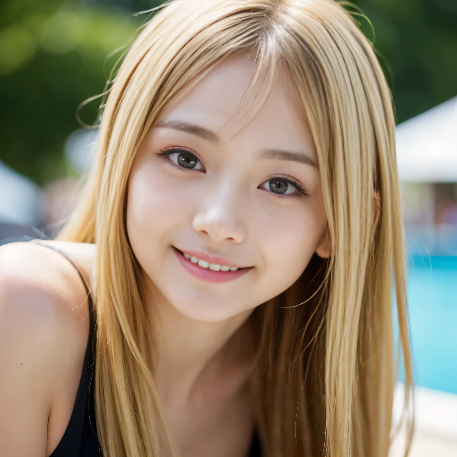 (Best-quality, Masterpiece, Ultra-High-Resolution, (Photorealistic:1.4), Raw Photo, depth of field, professional lighting), ((close-up of face)), 1girl, 15-years-old, the most famous Japanese idol, at big-pool, wearing bikini with sexy-design, (((extremely beautiful and extremely realistic skins))), (((extremely cute face like the most famous Japanese idol))), (((extremely cute and extremely big black-eyes))), (((extremely beautiful blonde-long-hair))), (extremely beautiful long-eyelashes), (extremely beautiful lips), (((innocent smile))) 