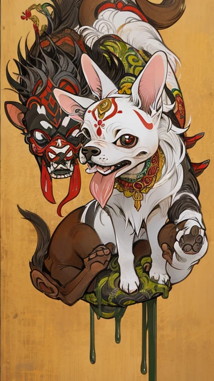(masterpiece: 1.2, Highest quality),Chihuahua sitting on a Ouija board,Alphabet tattoo on stomach,Dog with a Ouija board、Manga Style, rough sketch, Horror elements,
