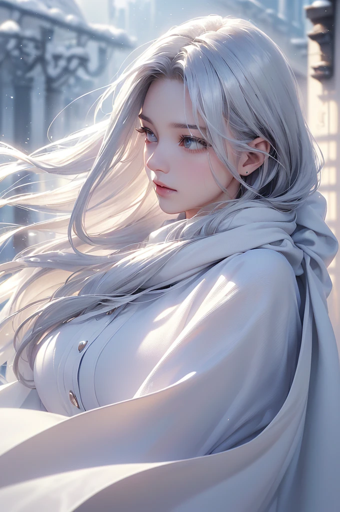 ((masterpiece:1.5、8k、Portraiture、フォトリアリスティックでVery detailedなCG、Very detailed、Particle Effects、Dynamic Effects、Shallow depth of field、Cinematic Light、Lens flare、Ray Tracing、Tabletop、Realistic:1.4、Ultra-high resolution:1.2、Realistic、Realistic))((alone、,オフショルダーのドレスの上にカシミアのcoatを着た女性:1.4、wear a long scarf、White belt、coat、Elegant woman posing、Detailed face、bright表情、young, bright, Whiter skin、Ample breasts、Best Looks、Ultimate beauty、Shiny silver hair with highlights、bright and shiny hair,、Super long, Silky straight hair、Hair dancing in the wind))(morning、outdoors, winter, snow falling)
