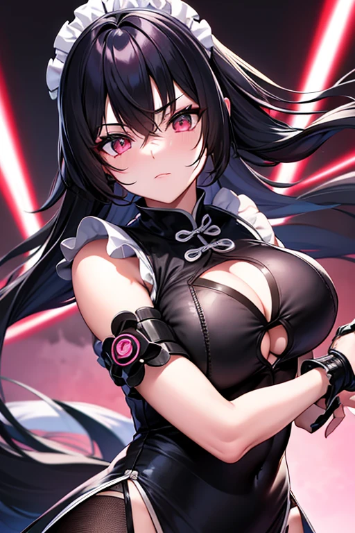 Cyberpunk cute dangerous fighting maid Chinese style in clothes close up hair and the rest I&#39;m a woman