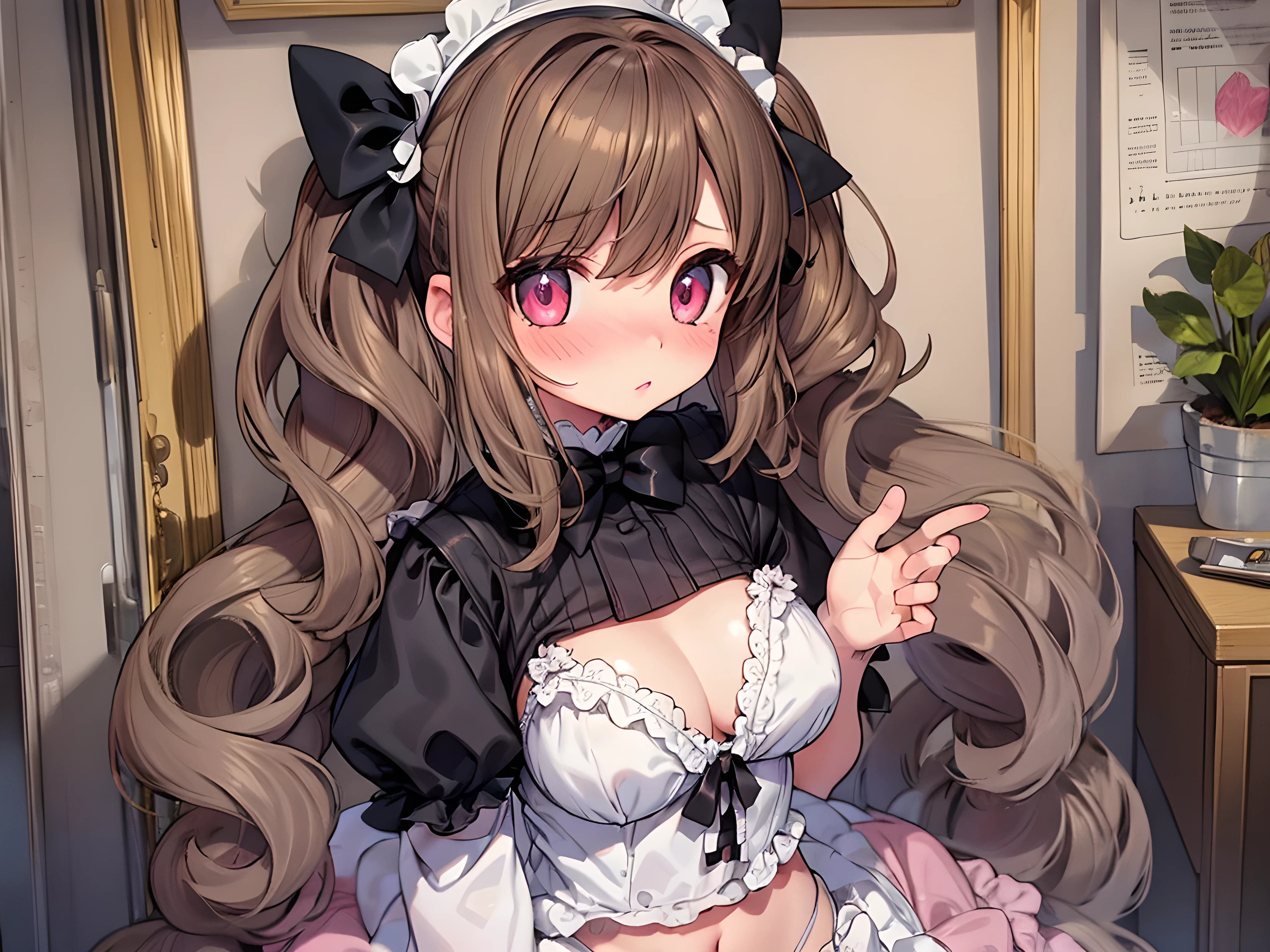 masterpiece, Highest quality, Very detailed, One girl, evaluation: Sensitive, ((Gothic ta Fashion, Black clothes, Frills)), ((Change of clothes, Open clothes, Unfinished garment, White bra, White panties)), (((17 ynk Eyes, Cute eyes, Highlight Eyes:1.2, Very cute face, Hair Ribbon, Detailed Hair, Light brown hair, Long, thick, wavy twin tails:1.2, bangs, Medium chest, blush:1.3, shy:1.2, Lips parted))), ((Cowboy Shot)), Flip up the skirt、Nipples、I can see the boobs