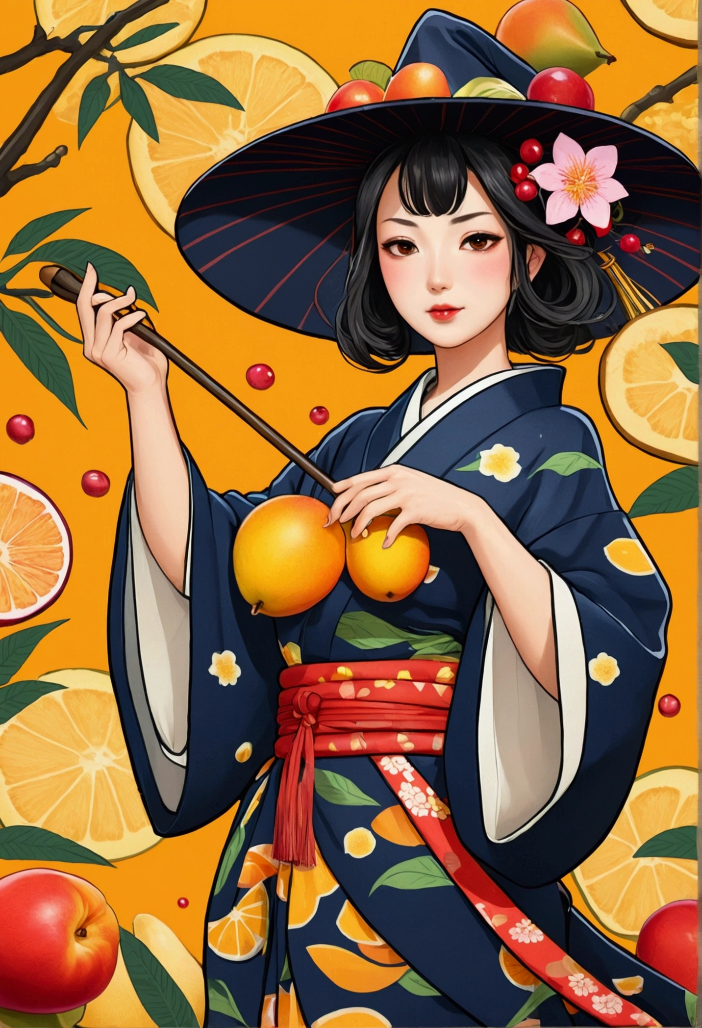 Japanese women's kimono cartoon witch with fruit mango elements