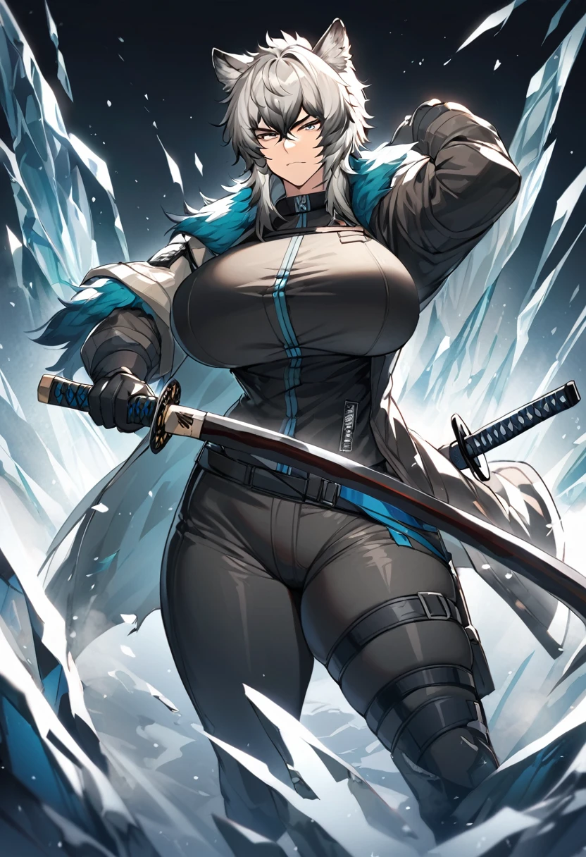 SilverAsh(Arknights),grey hair,animal ears,curvy body,wearing general suit(half torn), wielding big katana(one only), big breast,big thighs,icy background,midnight setting.