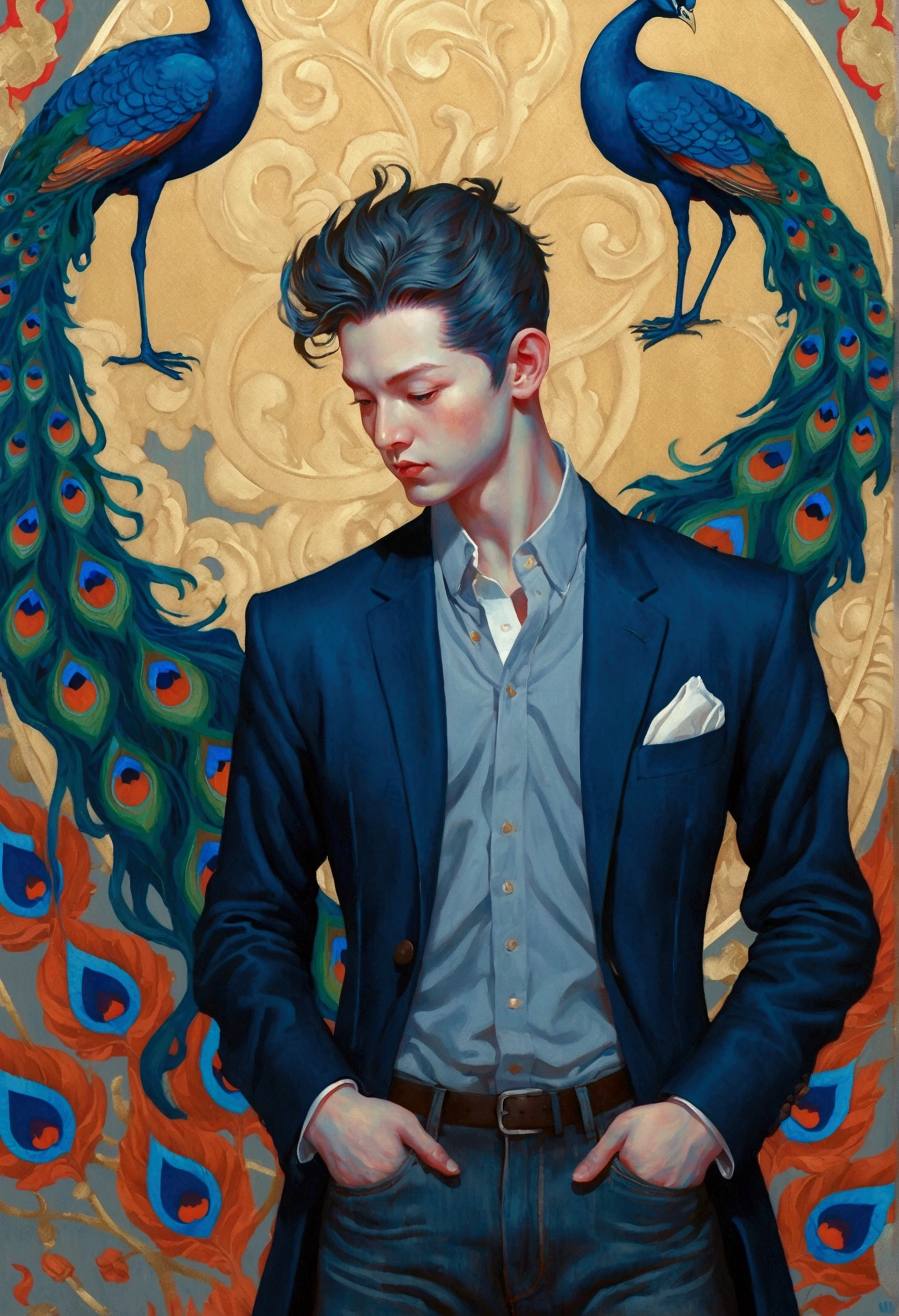 A painting by Alafid，There is a man in the painting，With a peacock&#39;s tail and eyes, James Jean style, James Jean andrei riabovitchev, James Jean and wlop, James Jean soft light 4k, James Jean soft light 4 k, James Jean marc, style of James Jean, James Jean art, James Jean artwork, James Jean ”, James Jean!