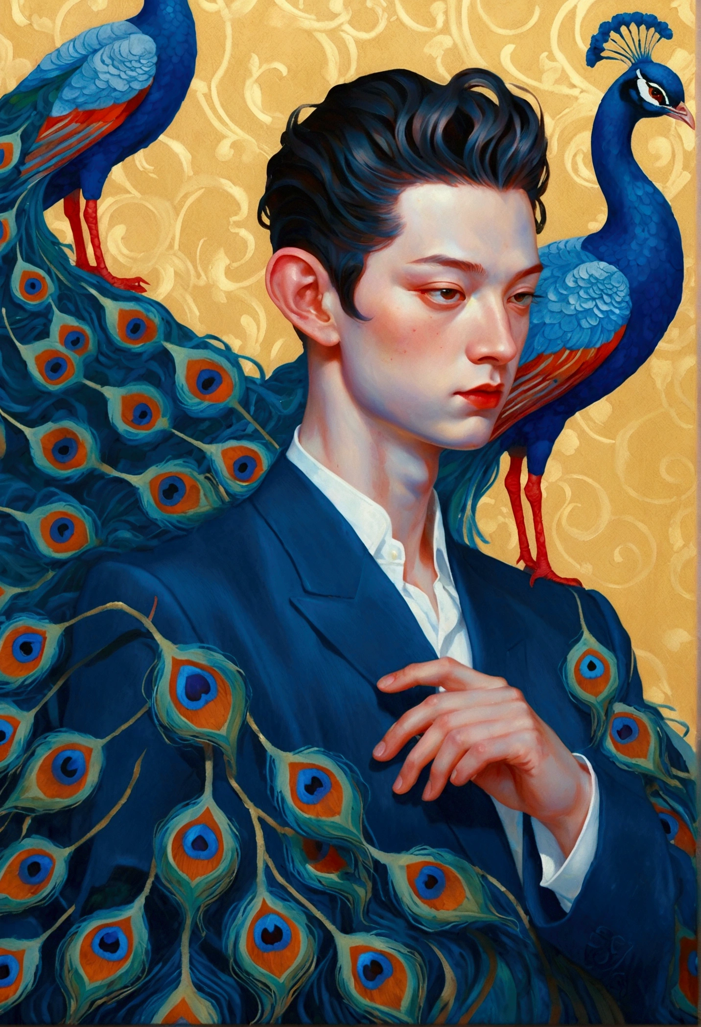 A painting by Alafid，There is a man in the painting，With a peacock&#39;s tail and eyes, James Jean style, James Jean andrei riabovitchev, James Jean and wlop, James Jean soft light 4k, James Jean soft light 4 k, James Jean marc, style of James Jean, James Jean art, James Jean artwork, James Jean ”, James Jean!