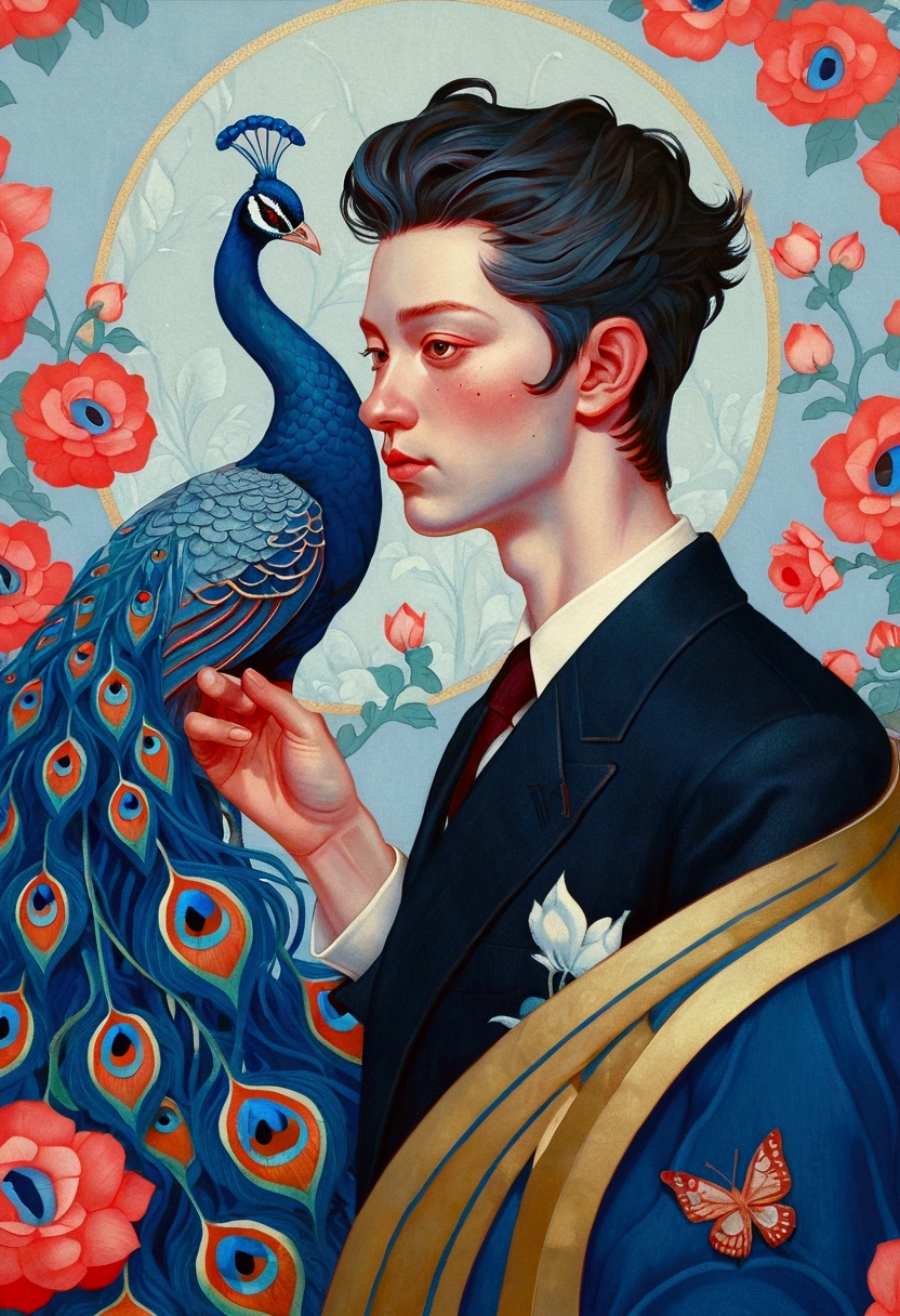 A painting by Alafid,There is a man in the painting,With a peacock's tail and eyes, James Jean style, James Jean andrei riabovitchev, James Jean and wlop, James Jean soft light 4k, James Jean soft light 4 k, James Jean marc, style of James Jean, James Jean art, James Jean artwork, James Jean ”, James Jean!