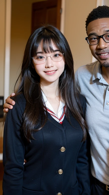  girl((cute,smile)) longhair with bangs, wearing uniform, glasses with black man bf