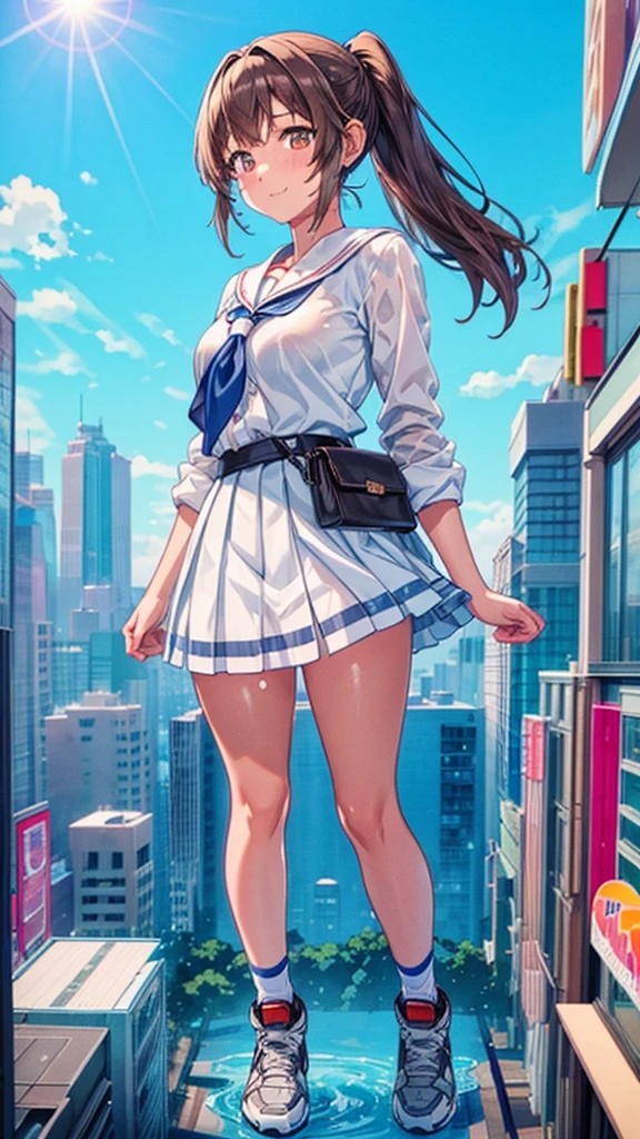 Composition viewed from below　blue sky　cumulonimbus　Sun light　masterpiece　((Brown skin))　((Sunburn))　((back))　((backを向けている))　Anime Style　Delicate painting　4K　90's　giant　Multiple Girls　crowd　 　　Metropolis　　　crowd　Crowd of people　((A giant schoolgirl standing in the valley of a skyscraper city))　Metropolis　Tokyo Akihabara Electric Town　Big Breasts　White Sailor Suit　　Her underwear is visible　Sweating profusely　Splash　sneakers　White socks　watch　Black Hair　ponytail　smile　　female giant giant girl Whole body 　 Crowd Unreal Engine,cleavage ,a drawing of a , earrings, long hair,Cute picture　Beauty　Analog style　whole body　sneakers