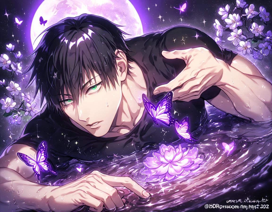 absurdres, highres, ultra detailed, HDR, master piece, best quality, Fushiguro Touji, straight black hair, expressive green eyes, Jujutsu Kaisen, solo, sexy man, handsome, sensual, horny, black tight T-shirt, water, fantasy, magical, shining, purple flowers, blossoms, purple petals, purple butterflies, sparkling, purple moon, starry sky, manly man