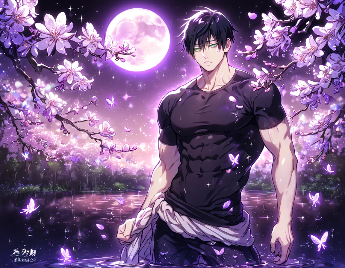 absurdres, highres, ultra detailed, HDR, master piece, best quality, Nicholas D Wolfwood, black hair, expressive gray eyes, black sunglasses, Trigun, solo, sexy man sitting, handsome, sensual, manly man, bare chest, black shorts, fantasy, magical, shining, purple flowers, blossoms, water, purple petals, purple butterflies, sparkling, purple moon, starry sky