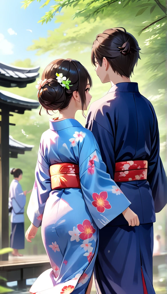 High resolution、high quality、colorful、animation、Beautiful Nature、Young couple wearing yukata、Rear View、Listening to music、One girl, 