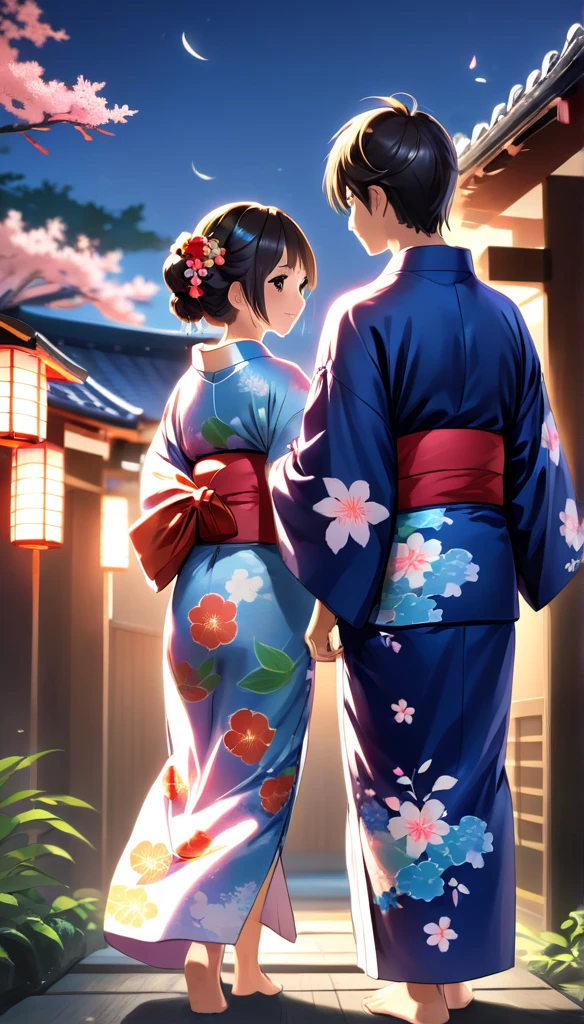 High resolution、high quality、colorful、animation、Beautiful Nature、Young couple wearing yukata、Rear View、Listening to music、One girl,