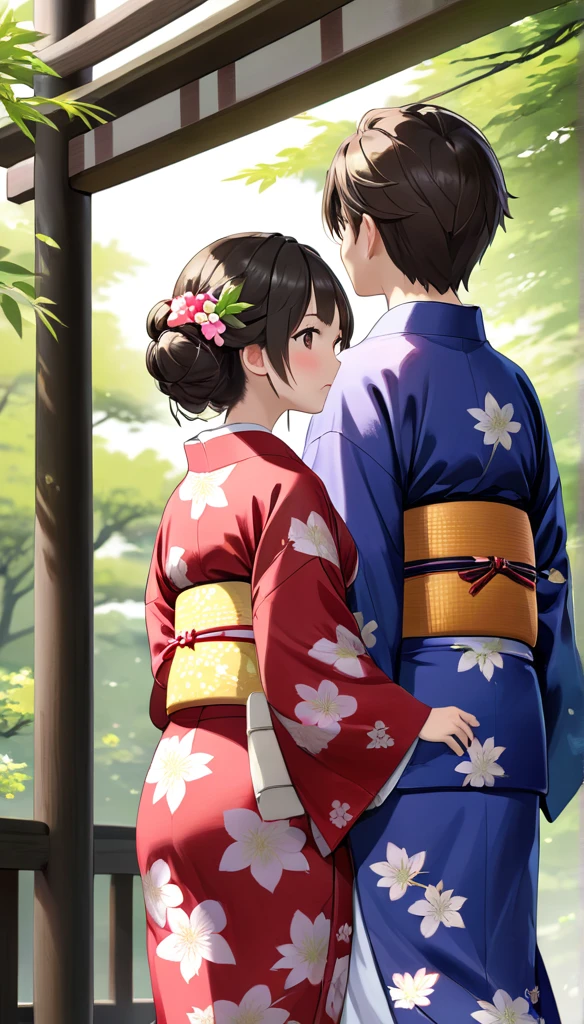 High resolution、high quality、colorful、animation、Beautiful Nature、Young couple wearing yukata、Rear View、Listening to music、One girl,