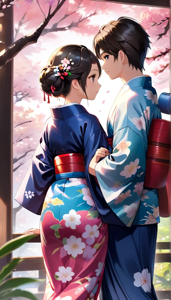 High resolution、high quality、colorful、animation、Beautiful Nature、Young couple wearing yukata、Rear View、Listening to music、One girl,