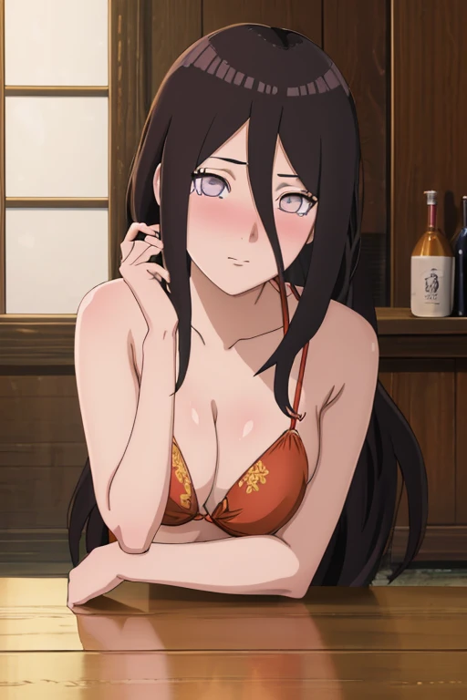 master piece, best quality, 8k, ultra high resolution, highest quality, anime style, (intricate details), (rich and colorful), Highly detailed CG Unity 8K wallpaper, hanabi Hyuga, 1 girl, alone, looking at the viewer, long tied low hair, in the room, blush your nose, face is red, Drunk, bikini