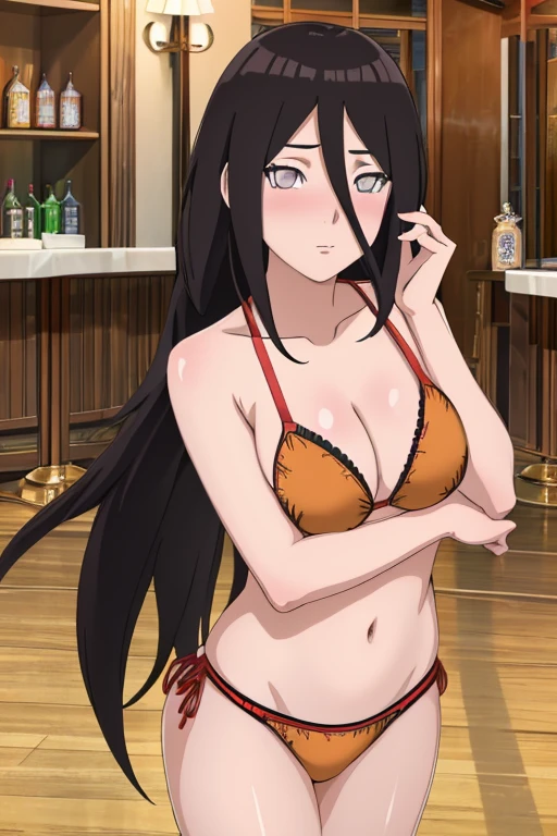 master piece, best quality, 8k, ultra high resolution, highest quality, anime style, (intricate details), (rich and colorful), Highly detailed CG Unity 8K wallpaper, hanabi Hyuga, 1 girl, alone, looking at the viewer, long tied low hair, in the room, blush your nose, face is red, Drunk, bikini