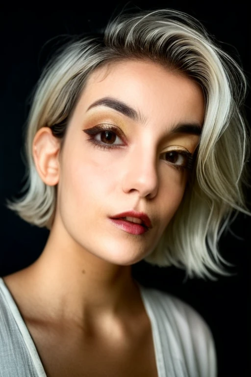 Beautiful young 22 yrs woman, (close-up, editorial photograph), [[wide angle photo]], (background inside dark, moody, private study:1.3), full body portrait, by lee jeffries, nikon d850, film stock photograph, 4 kodak portra 400, camera f1.6 lens, rich colors, hyper realistic, lifelike texture, dramatic lighting, cinestill 800. Short undercut bob hair, Dyed platinum hair, Dark Hazel eyes, Eye contact

