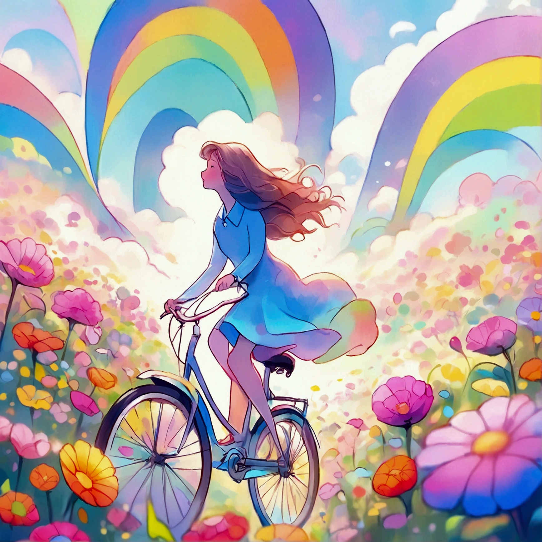 A girl is riding a bicycle through a colorful, gorgeous flower field., Digital painting by André Rouherin, Shutterstock Contest Winner, Conceptual Art, in style of digital figure, blurred and dreamy figure, dreamy figure, blurry and dreamy figure, colorful figure, Just a joke, An illustration, figure!, figure”, procreate figure, colorfull figure