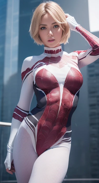 (One girl: 1.3), alone, beautiful face, (((extremely Detailed face))),(((extremely Detailed face and eyes)),beautiful detailed eyes, Body parts__, Official Art, 8k unified wallpaper, Very detailedな, beautiful and aesthetic, beautiful, masterpiece, 最high quality, born, masterpiece, Ultra-thin photo, 最high quality, Ultra-high resolution, Photorealistic realism, sunlight, Full body portrait, Great beauty, short blonde haircut, Dynamic pose, Delicate face, Bright blue eyes, (from the front), She is wearing a nylon outfit (inspired by Spiderman costume), Cosplay ('/snow/'), red, Transparent white and black color scheme, Top floor of a skyscraper, Very detailed, Detailed face, Detailed, intricate and busy background, Messy, beautiful, milky, Very detailedな肌, Realistic skin detail, Visible pores, Sharp focus, Volume Mist, 8k Ultra HD, Digital SLR, high quality, Film Grain, Fair skin, Photorealism, Lomography, Future dystopian megacity, View from below, translucent,(slender body:1.1),((Abdominal muscles:1.2)),((Muscular:1.2))