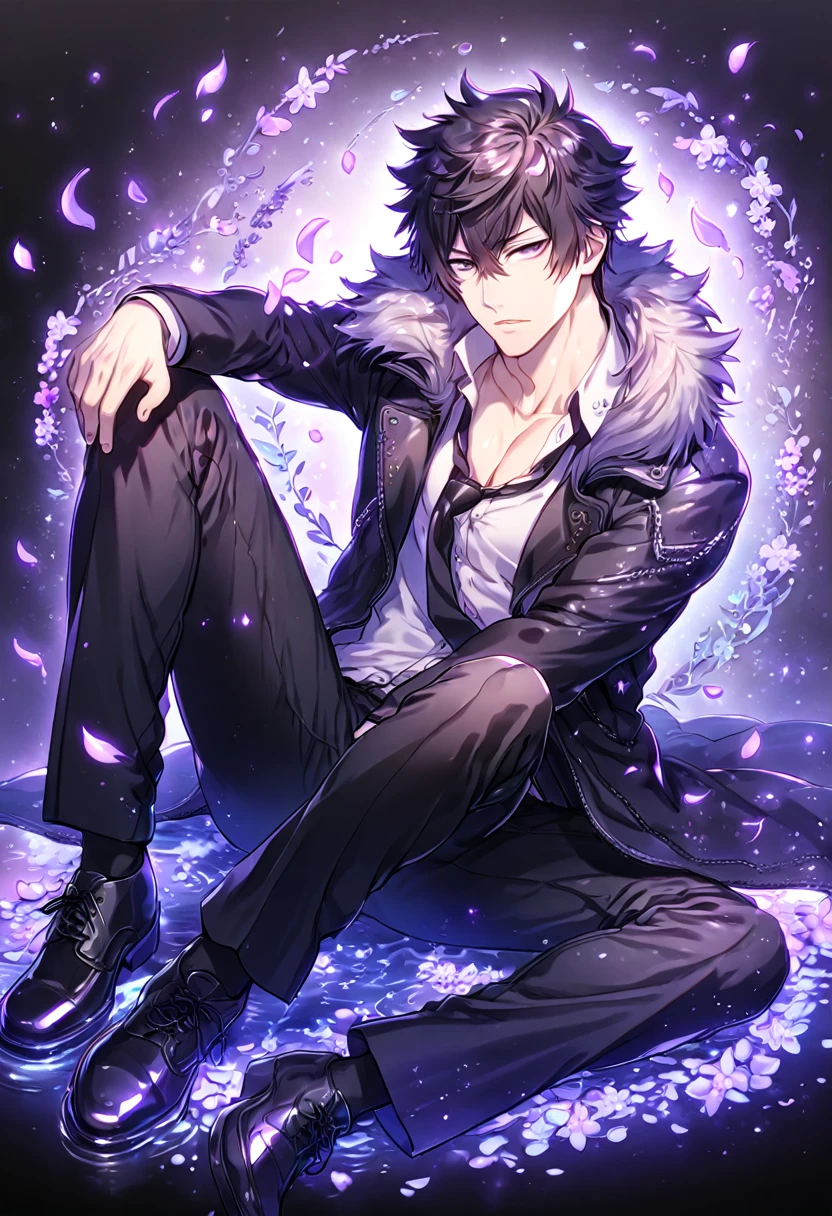 Ultra detailed, HDR, Highres, absurdres, master piece, Kougami Shinya, black hair, expressive gray eyes, black coat with a fur collar, black necktie, white shirt, black pants, black shoes, Psycho Pass, sexy man sitting, handsome, purple flowers, petals, fantasy, magical, purple leaves, handsome, best quality, glittering, manly man, sensual, horny, water, purple shining fireflies,