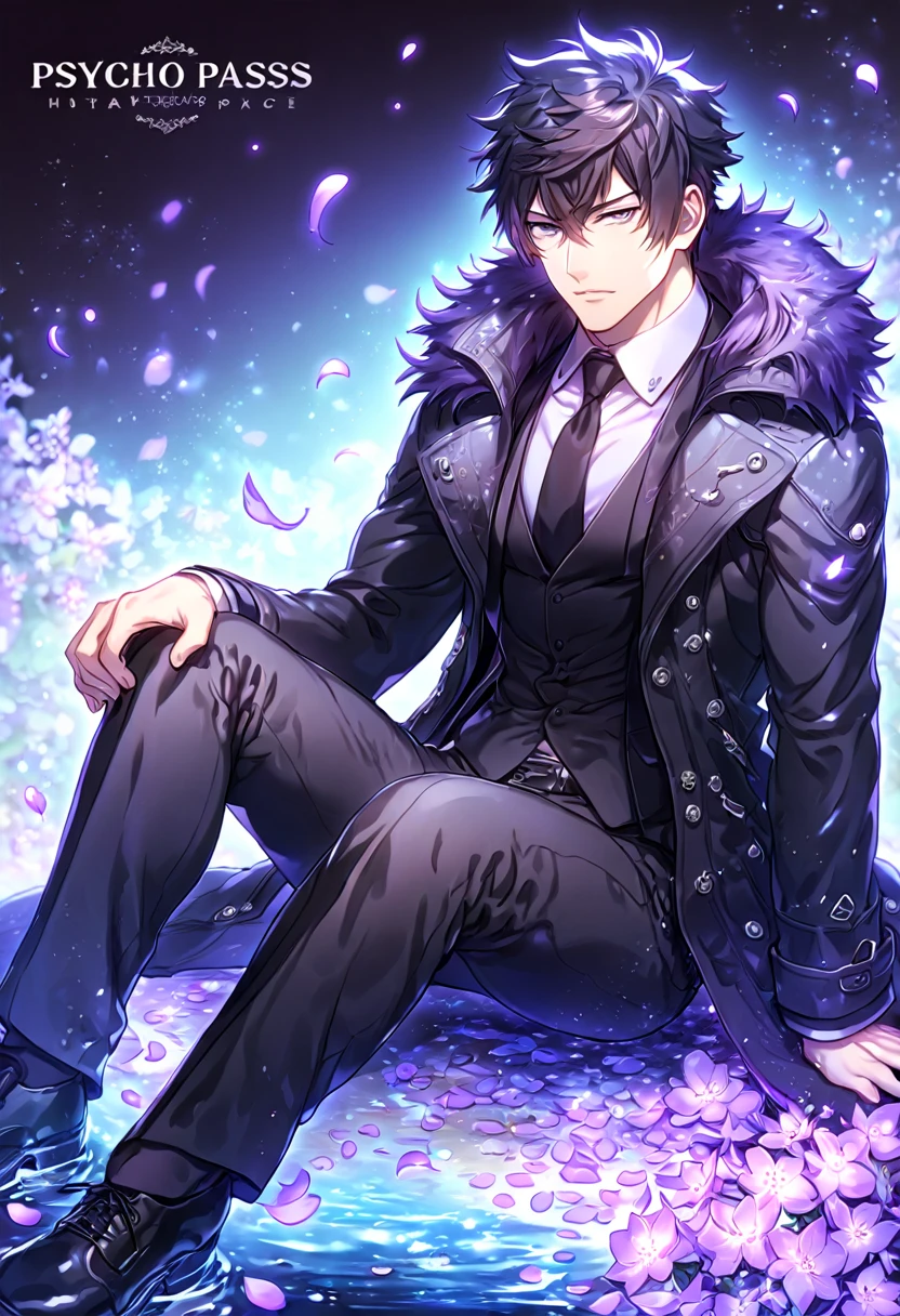 Ultra detailed, HDR, Highres, absurdres, master piece, Kougami Shinya, black hair, expressive gray eyes, black coat with a fur collar, black necktie, white shirt, black pants, black shoes, Psycho Pass, sexy man sitting, handsome, purple flowers, petals, fantasy, magical, purple leaves, handsome, best quality, glittering, manly man, sensual, horny, water, purple shining fireflies,