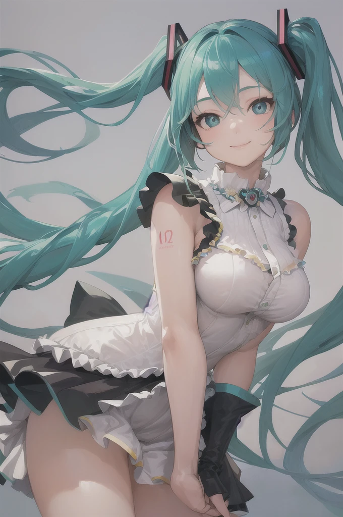 (Highest quality, Masterpiece 1.2), detailed,One girl, alone,View your viewers,Simple Background, , this,   Curvy, Upper Body,  close-up
standing ,smile ,detailed eyes ,  detailed  face,Realistic, Adorable face , cute, hatsune miku, log eyelashes,  
 Elbow hand out of frame,    