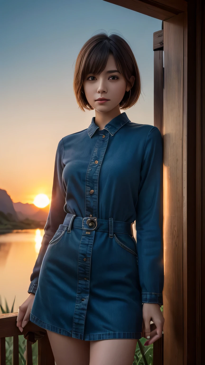 (Ultra-realistic), (figure), (High resolution), (8k), (Very detailed), (Best figure), (Beautiful and detailed), (Highest quality), (Super detailed), (masterpiece), (wallpaper), (Detailed face), alone, One Girl, watching viewer, Trendy clothes,Less exposure、Fine details, Detailed face, In the Dark, Deep Shadow, Modest, Pure Erotic Face Ace_v1, cool, short hair, Pointed diagonal bangs,grassland、Sunset、dusk、Mountain、Spectacular views