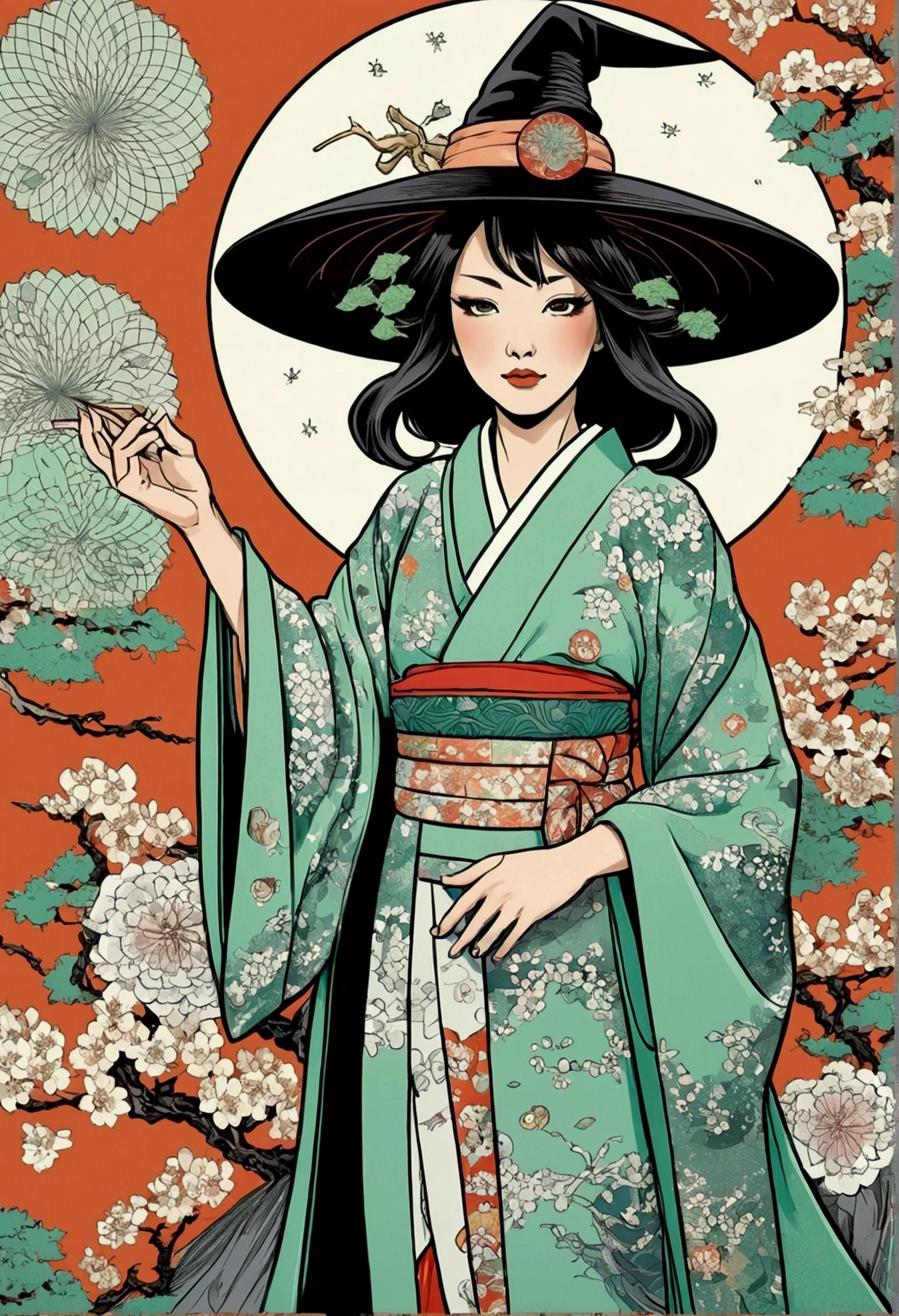 Japanese women's kimono comics witch with mint elements