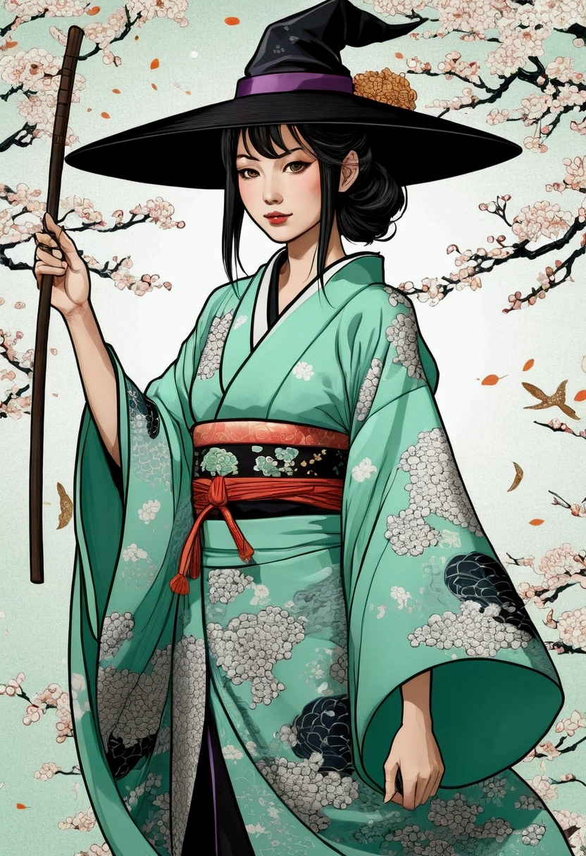 Japanese women's kimono comics witch with mint elements