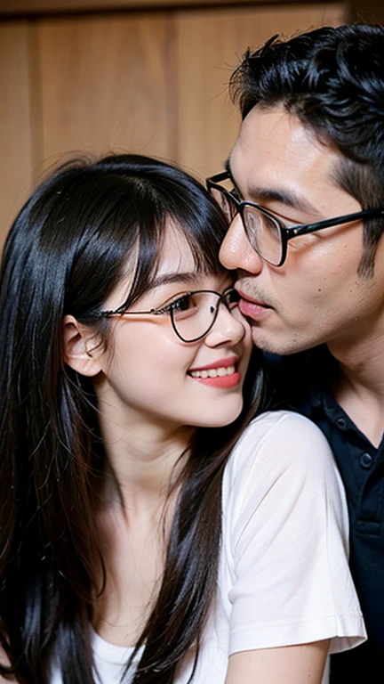 16 year old girl((cute,smile)) longhair with bangs, wearing uniform, glasses with black man bf ((kiss ))