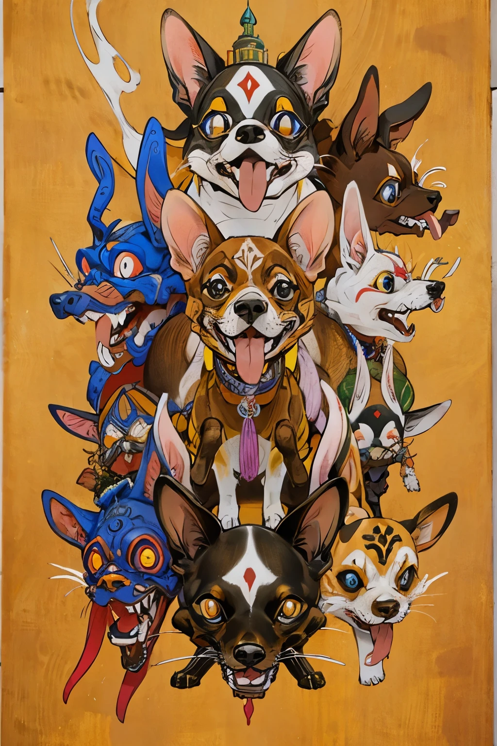 (masterpiece: 1.2, Highest quality),Chihuahua sitting on a Ouija board,Dog with a Ouija board、Japanese painting, rough sketch, Horror elements,
