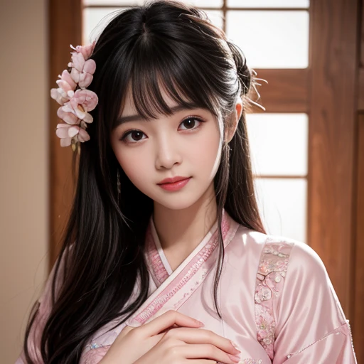 best quality, Delicate face，beautiful visual work, lifelike, eternity, black hair, Long curly hair, blunt bangs, Smile, Detailed Background, Delicate face，pink blush，cold，((masterpiece))、(top quality)、8k、high detail、Super detailed，21 years old female，Wearing the costume of a Tang Dynasty maid、Clothes are light and fluffy，Hanfu, Seductive and whimsical style、masterpiece、born、Scenes resembling fairy tale illustrations、intricate details和複雜的設計、Beautifully、magic、capricious、 Beautifully、Dream aesthetics、「𝓡𝓸𝓶𝓪𝓷𝓽𝓲𝓬、ethereal、charming、fickle、magic」、realism、Visual effects、FXAA、SSAO、Shader、voiceless、ambient lighting、Tone mapping、High resolution、Ultra high quality、Million pixels、(8K resolution:1.10)、8k、8k以下、8K resolution、high detail、intricate details， (high quality:1.2、masterpiece:1.2、:1.21)、(21 years old female:1.21)、(興奮地Smile)、(Surrounded by a dreamy atmosphere、Model diagram，full-body shot，Normal 2 feet，Don't show your fingers，Big ，G cup