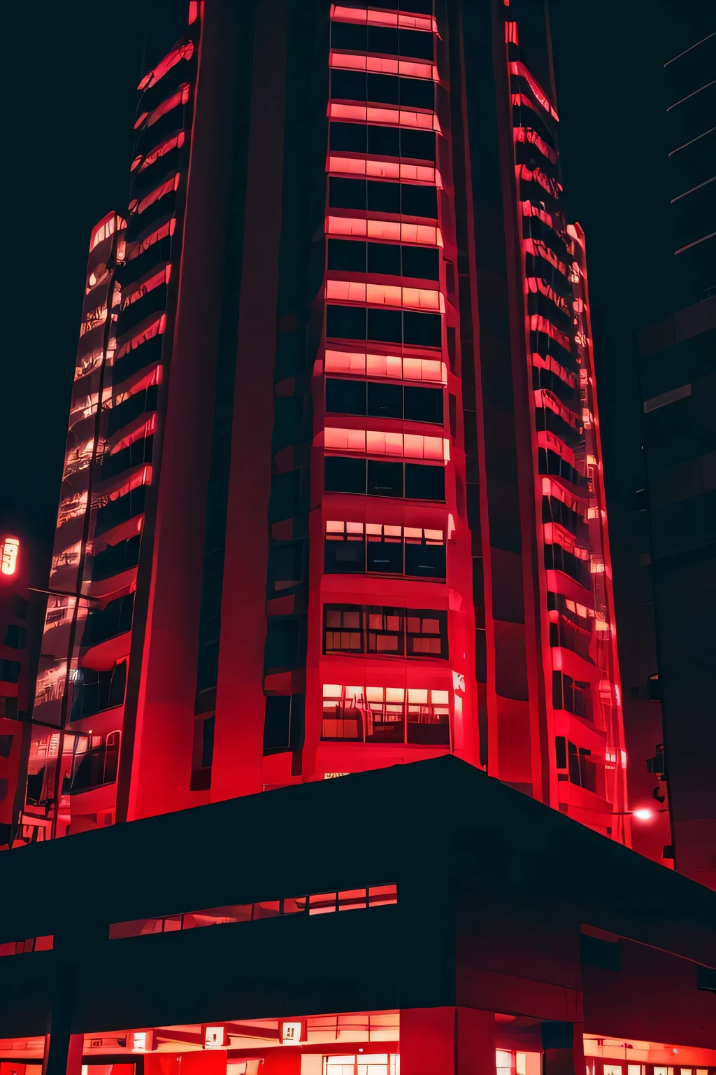 Exterior of a high-rise building,Yakuza Office,Red light up,midnight