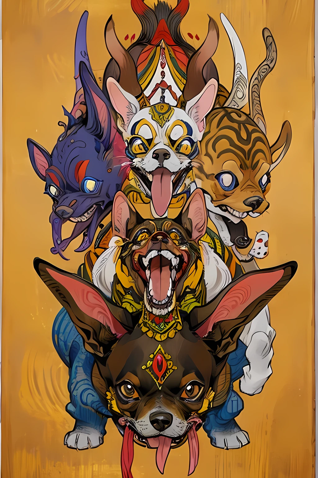 (masterpiece: 1.2, Highest quality),Chihuahua sitting on a Ouija board,Dog with a Ouija board、Japanese painting, rough sketch, Horror elements,
