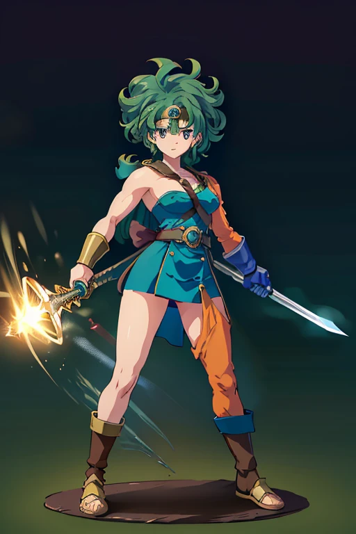 （（（ＳＦＷ、sound、Highest quality、First class work、Normal body、8k、Detailed face、Ultra-precision、normal hand、refer to、５refer to、Highest）））、beautiful girl、Green Hair、yamato nadeshiko、Small breasts、Shortcuts、Blue leotard、muscular、Black paleo skirt、Red Cape、Circlet、Bastard sword、sword of the sky、Dragon Quest、Female Heroes、 battle、The battle is ready、Sweep with a sword、Gigadeine、((Fully Executed:Full body description,Standing posture,Draw every detail well、There is no anatomical problem))