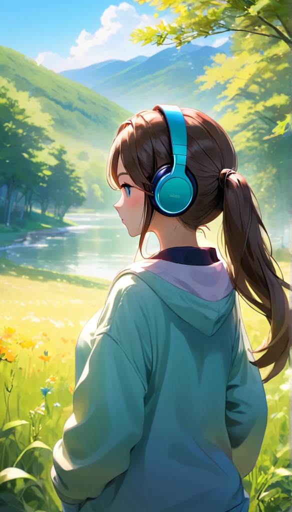 High resolution、high quality、colorful、animation、Beautiful Nature、Rear View、Listening to music、One girl, 