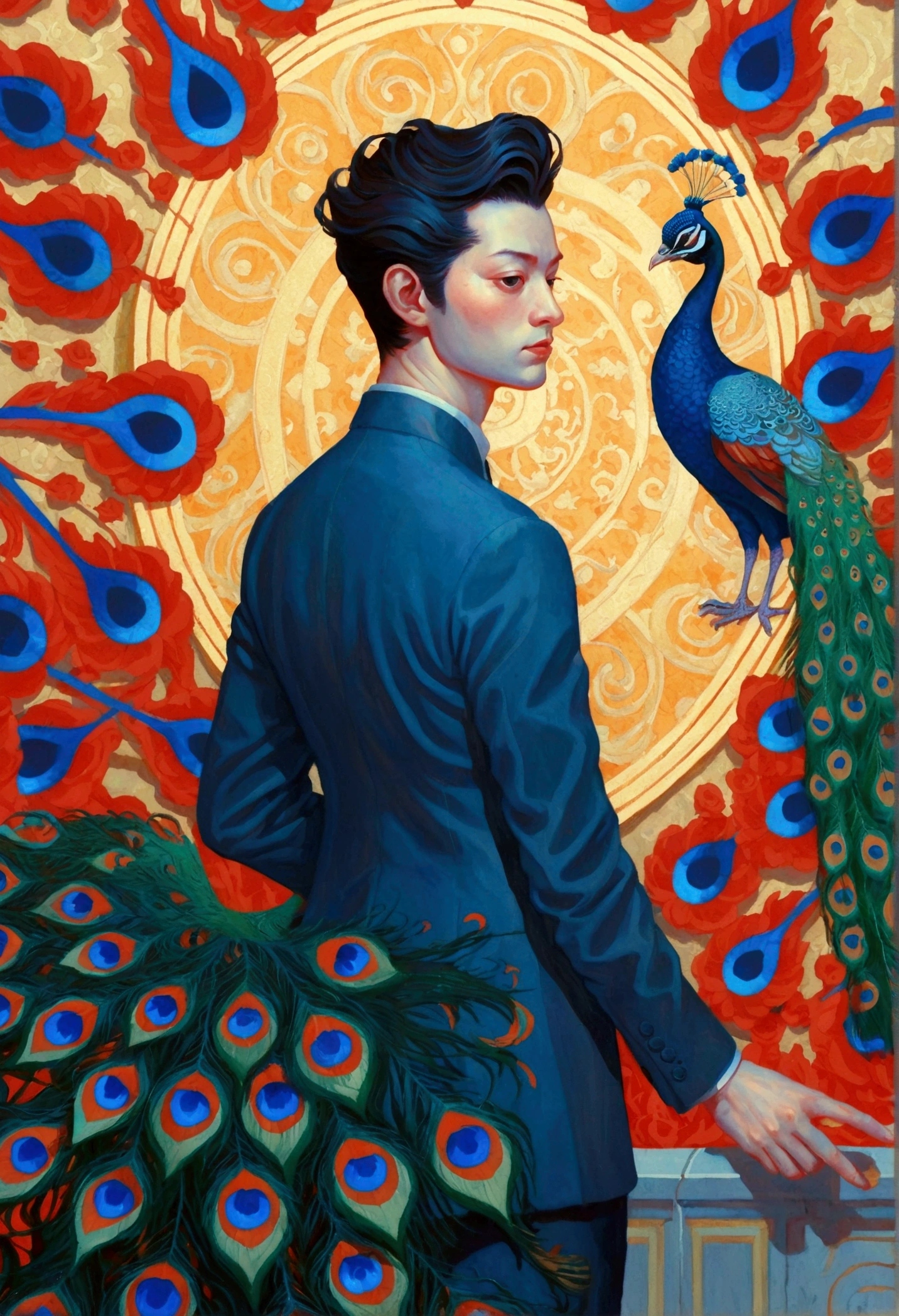 A painting,There is a man in the painting,With a peacock's tail and eyes, James Jean style, James Jean art, James Jean artwork, James Jean ”, James Jean!