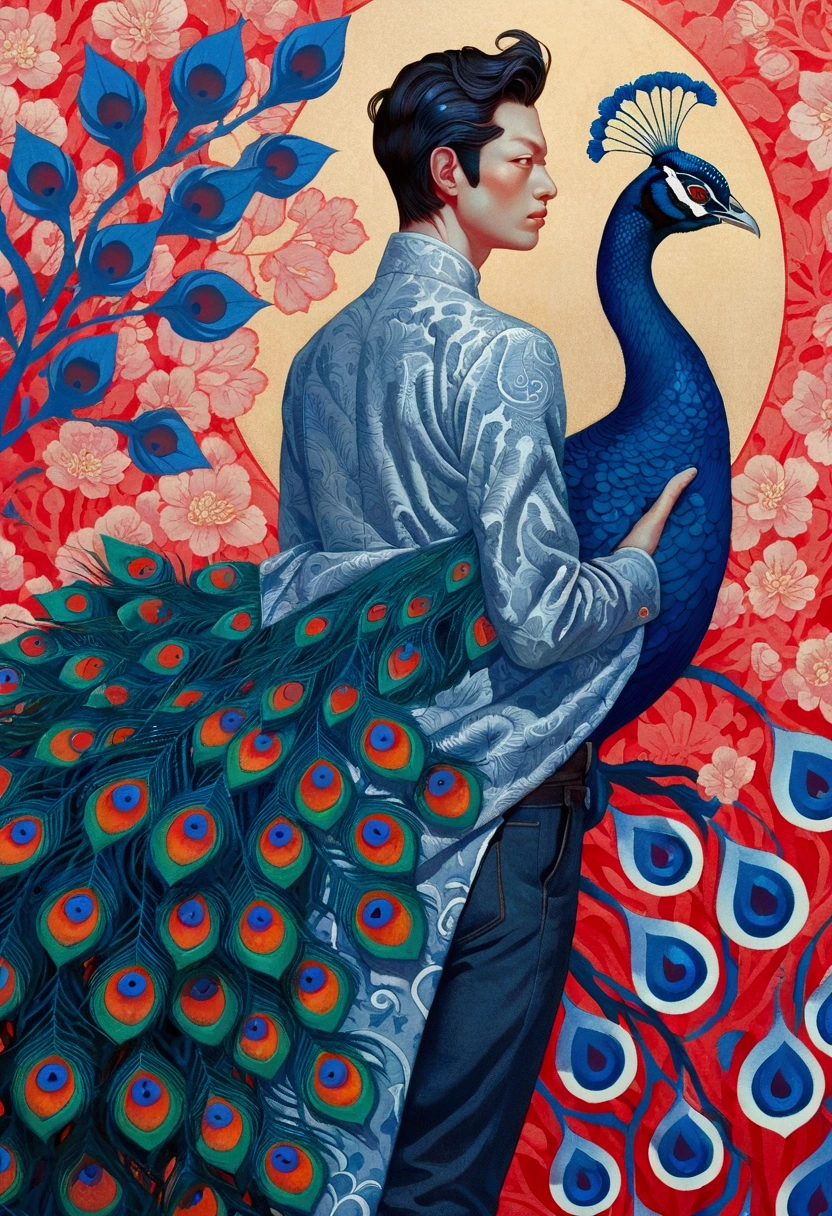 A painting，There is a man in the painting，With a peacock&#39;s tail and eyes, James Jean style, James Jean art, James Jean artwork, James Jean ”, James Jean!